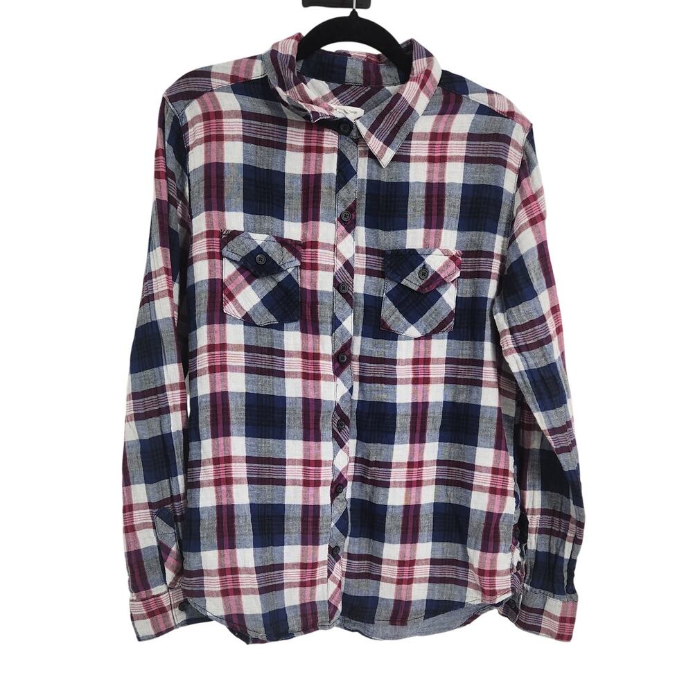 Beach Lunch Lounge Long Sleeve Button Down Plaid Top Womens Size Large L